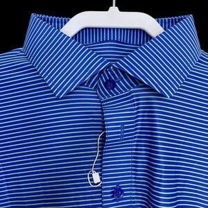 Collars & Co Polo Shirt Mens L Blue Stripe Golf Preppy Woodmont Dress Collar